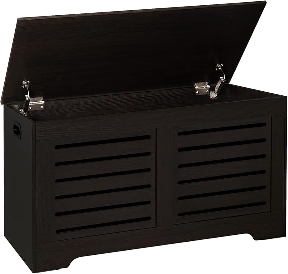 DINZI LVJ Storage Chest, 39.4âWooden Toy Box with 2 Safety Hinges, Retro Entryway Shoe Storage Bench with Flip-Top, Sturdy Large Storage Trunk for Living Room, Bedroom, Easy Assembly, Espresso