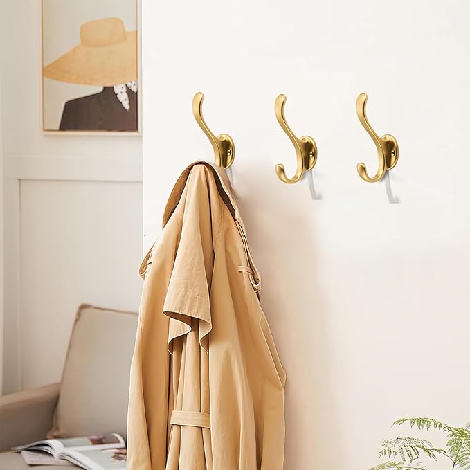 khtumeware 10 Pack Brushed Gold Coat Hooks Wall Mount Heavy Duty Utility Retro Double Hooks for Hanging Coats,Hat, Towel, Key, Robe, Scarf, Bag, Cap (Brushed Gold)