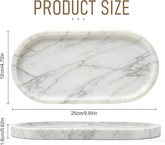 Natural Marble Tray, White Stone Tray, Vanity Decorative Tray for Countertop, Catchall for Perfume, Candles, Skincare, Jewelry Dish, Bathroom Tray, Hotel Supplies