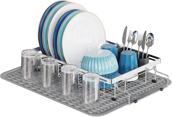 GSlife Expandable Over the Sink Dish Drying Rack with Silicone Drying Mat - Stainless Steel Dish Drainer with Locking Knob, Size Adjustable Dryer Strainer for Kitchen, 12.8" W x 10.8"-17.9" L, Silver