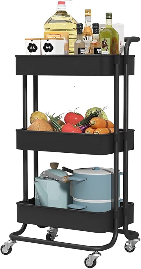 Sooyee 3 Tier Utility Cart,Rolling Cart with Handle and Lockable Wheels, Multi-Functional Storage Cart for Office, School,Living Room, Kitchen, Bathroom, Bedroom,Laundry,Black