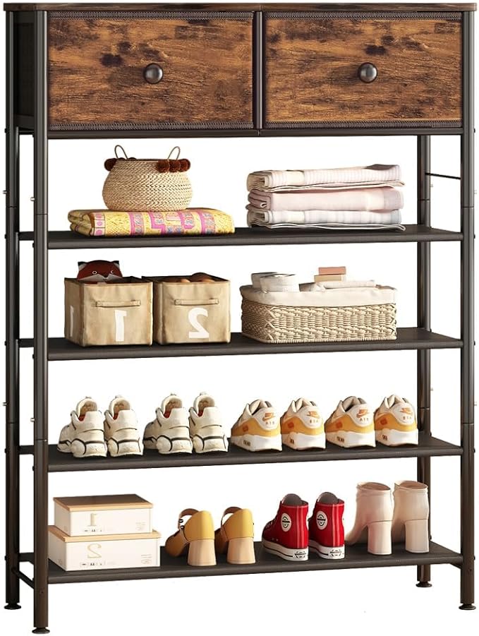 Shoe Rack Organizer 5 Tier Metal Organizer Shelf with Industrial MDF Board and Layer Fabric for Entryway Closet Bedroom Living Room Garage (Black+Rustic Brown, 5 Tier with 2 Drawers)