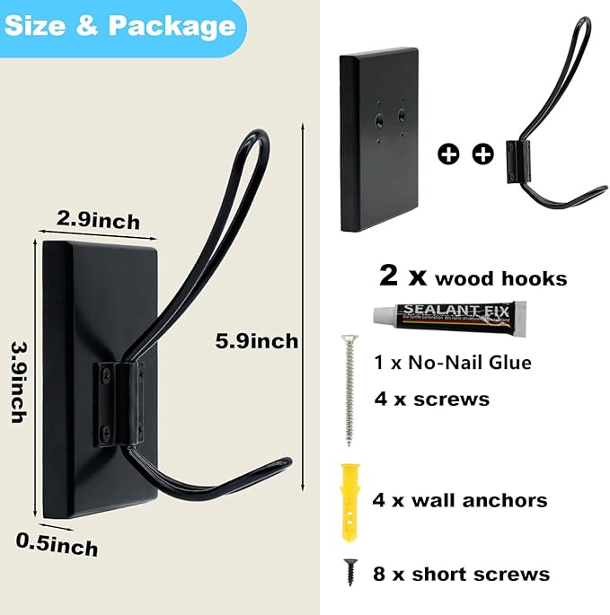 Coat Hooks Wall Mounted, 2 Pack Wood Wall Hooks for Hanging, Towel Hook for Bathroom, Bedroom, Entryway, Kitchen (Black)