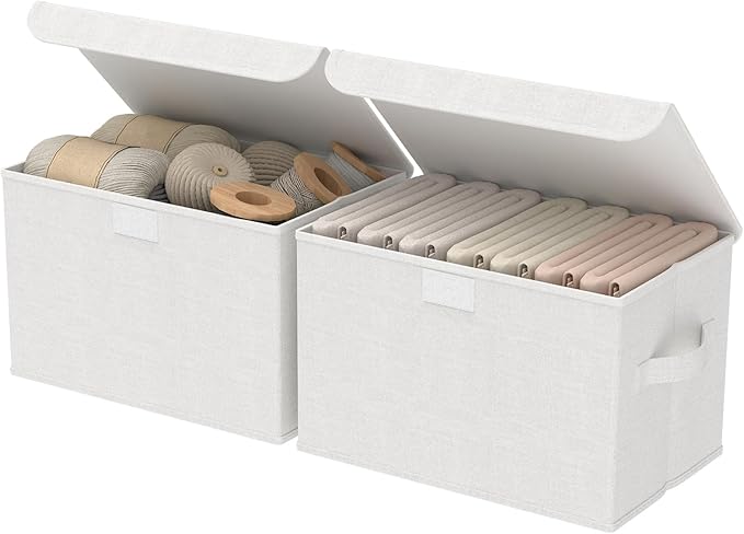 Foldable Storage Bin, Cube Organizer Basket with Flip-Top Lid and 2 Handles, Decorative Boxes for Shelves with Cover for Clothes, Towels, Blanket, 2 Pack, White, 13 x 9 x 7.9 In, XSNY12WM-2