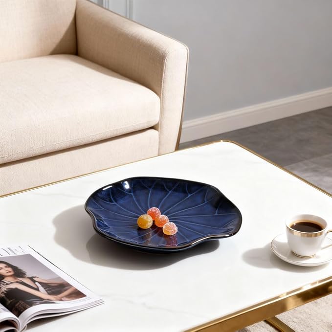 Blue Lotus Leaf-Shape Ceramic Decorative Tray, Navy Blue Decor Pottery Key Bowl, Candy Dish, Small Jewelry Trinket Tray for Bedroom, Centerpiece, Bedside Table, Living Room, Entryway Table (Blue)