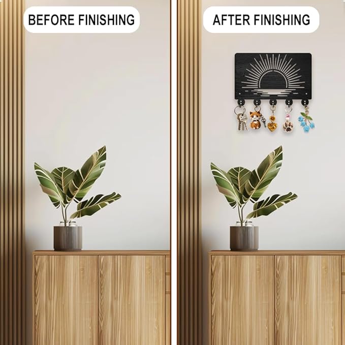 MAYJOYDIY Sunrise Sea Wood Key Holder for Wall 11.8x7.8inch Romantic Scenery Wall Mounted Key Hooks Coat Hanger Rack with 5 Alloy Hooks for Entryway Front Door Kitchen Office Decoration