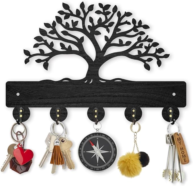 MAYJOYDIY Tree of Life Coat Rack Wall Mount 11.8×7.9inch Lush Tree Key Holder for Wall Decorative Wood Black Key Rack Hanger 5 Alloy Hooks for Wall Art Decor Entryway Front Door Gift