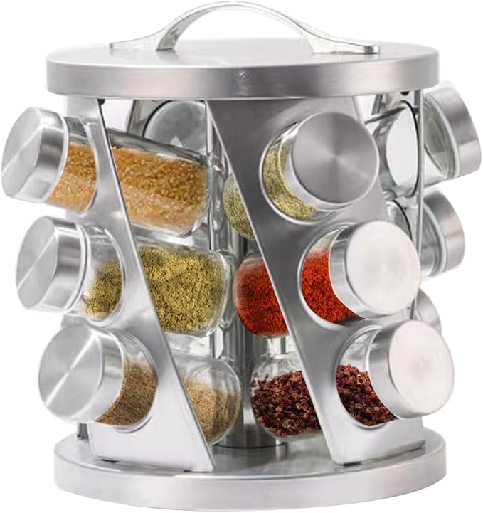 TINMIX Portable Stainless Steel Spice Rack with 12 Spice Jars Included Revolving Spice Organizer for Kitchen Tower Storage Rack for Spices and Seasoning Silver