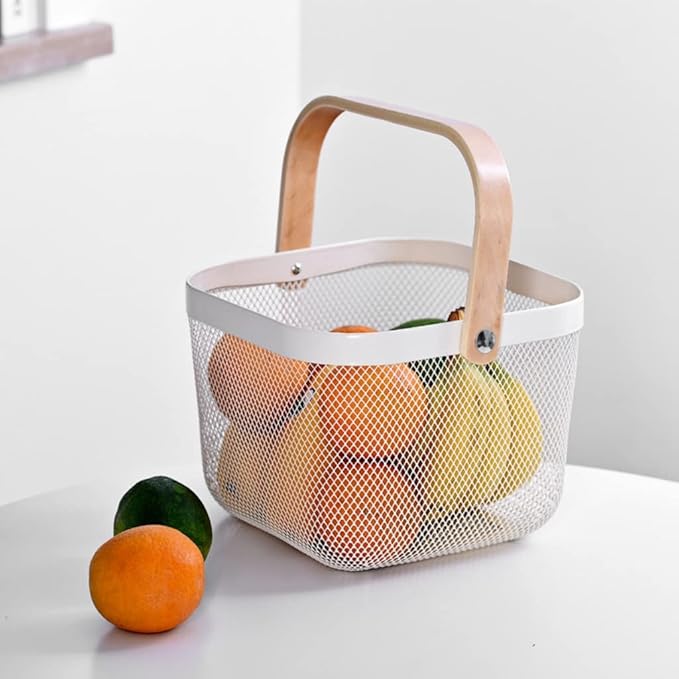 Mesh Steel Storage Organizer Basket Fruit Basket Bin with Wood Handle Ideal for Kitchen Bathroom Picnic Baskets Pantry Cabinets Storage Home Decor (Nebula Green)