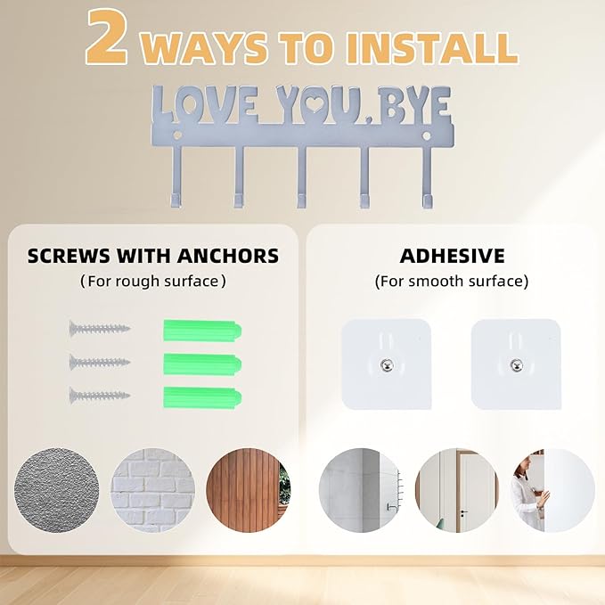 5-Hook Adhesive Wall Mount Key Holder,No-Drill Easy Install Key Hanger for Door, Kitchen, Entryway, 10x4 Inches,Silver