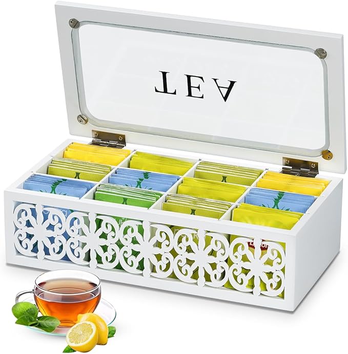handrong Tea Box,Wood Tea Organizer and Storage,12 Compartments Tea Bag Holder Organizer with Clear Window for Countertop Kitchen Cabinet Pantry