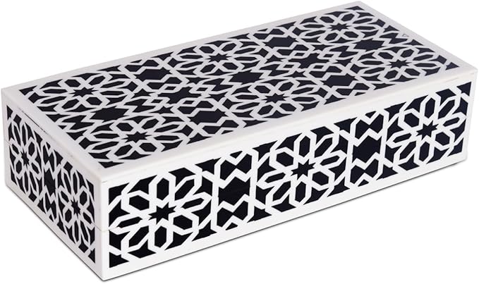 Handicrafts Home Decorative Storage Box with Lid–Black White Persian Mosaic Storage Box, Islamic Rosette Pattern Coffee Table Organizer, Keepsake Box for Living Room & Console Decor– Shiraz 10x4.5x2.5