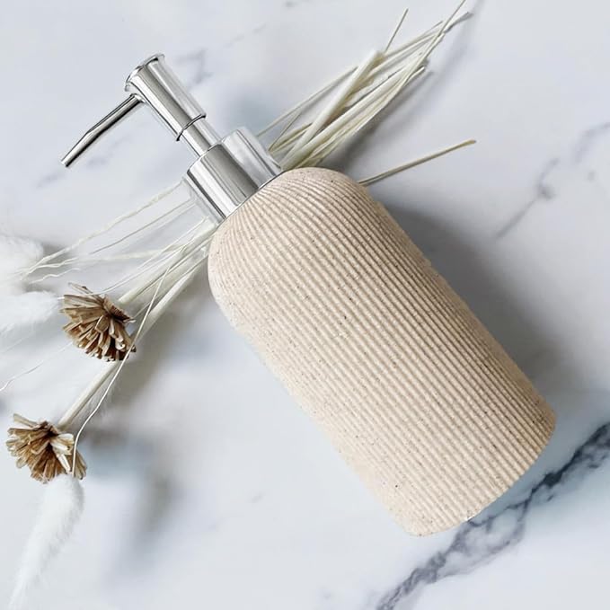 Sand Beige Hand Soap Dispenser for Bathroom and Kitchen with Pump, Luxury Farmhouse Style, Lotion, Dish Soap Dispenser, Sandstone Finish, Rust Proof, 7oz (Silver Pump)