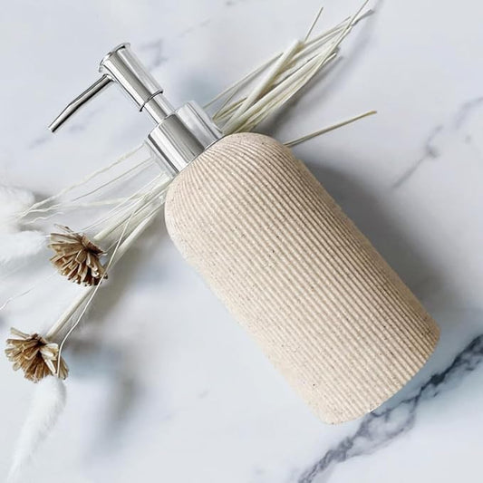 Sand Beige Hand Soap Dispenser for Bathroom and Kitchen with Pump, Luxury Farmhouse Style, Lotion, Dish Soap Dispenser, Sandstone Finish, Rust Proof, 7oz (Silver Pump)