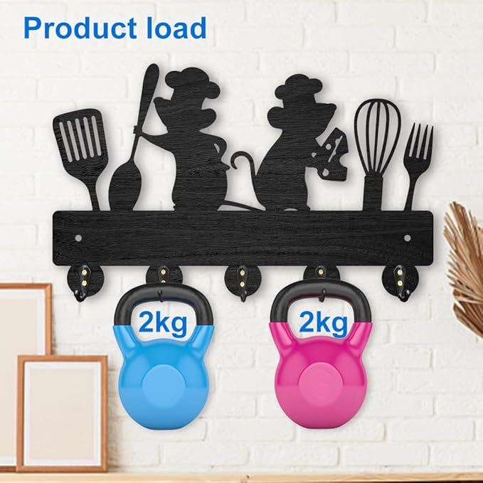 MAYJOYDIY Mouse Kitchenware Coat Rack Wall Mount 11.8×7.2inch Wood Key Holder for Wall 2 Mice Spatula Spoon Fork Wall Key Hooks Hanger 5 Alloy Hooks Black Key Rack for Kitchen Home Art Decor Door Gift
