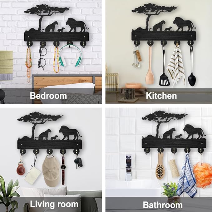 MAYJOYDIY Lion Prairie Tree Wooden Key Hooks Wall Mounted 11.8x7.9inch 5 Alloy Hooks Family Key Hanger Wildlife Animal Wall Art Decor Gift