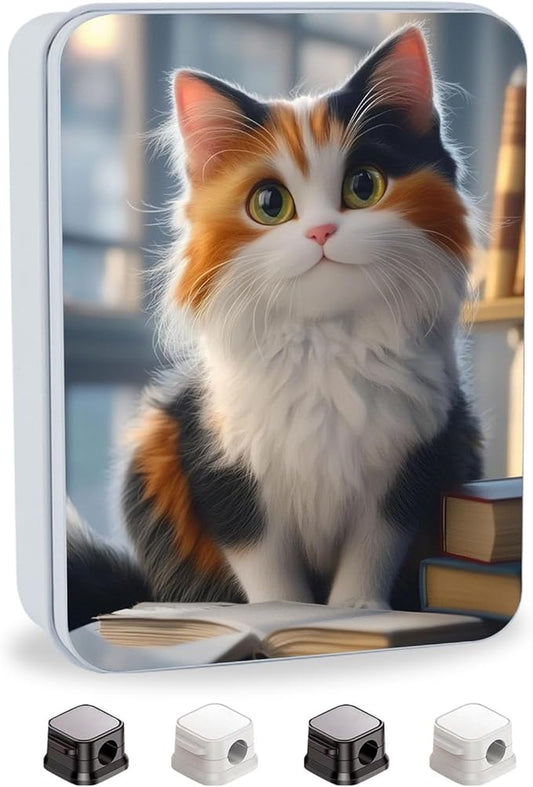 Metal Tin Box with Lid,Multi-functional Storage Box Can Store Tea Biscuits Game Cards, Playing & Tarot Cards-Comes with 4 Magnetic Cord Clips,Calico Cat with Books