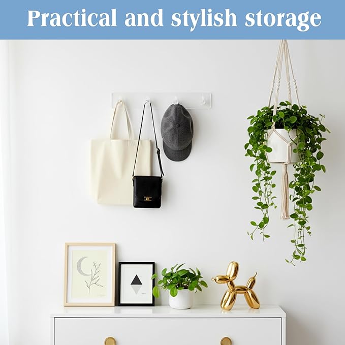 1 Pcs Adhesive Key Holder for Wall Acrylic Key Holder with 4 Hooks for Entryway, Door, Bathroom, Kitchen, Hang Keys, Hats, Dog Leashes, and Accessories (Transparent)