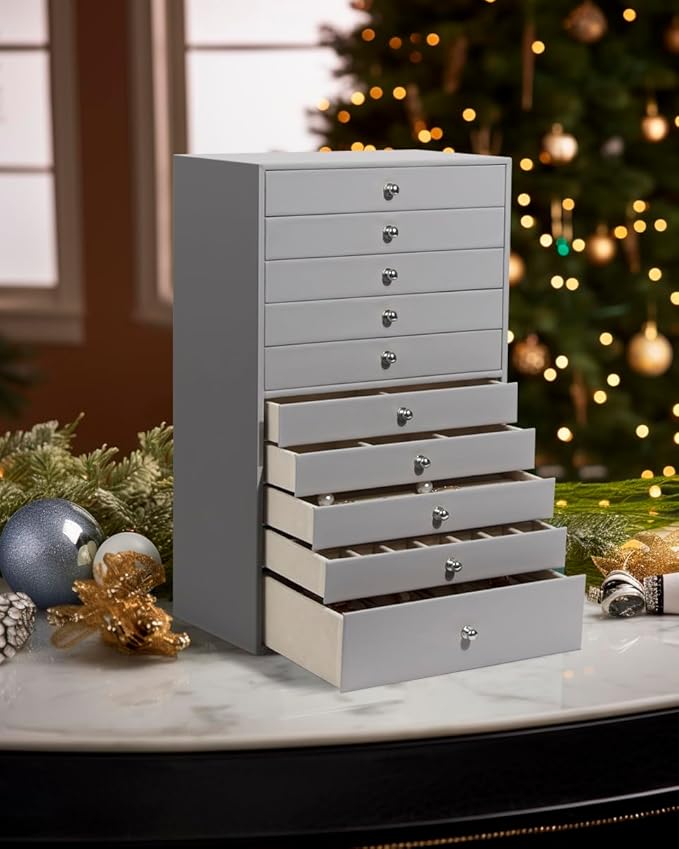 GUKA Large Jewelry Box, Jewelry Case with 10 Drawers for Big and Small Jewelry, Jewelry Storage Organizer for Watch Earrings Necklace Rings Bracelets, Birthday Wedding Gifts, Grey