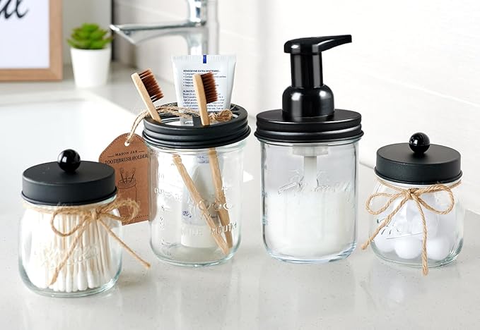SheeChung Mason Jar Foaming Soap Dispenser, Glass Foaming Hand Soap Dispensers, Stainless Steel Lid, Refillable Foam Soap Dispenser for Bathroom Kitchen, Farmhouse Bathroom Decor (1 Pack, Black)
