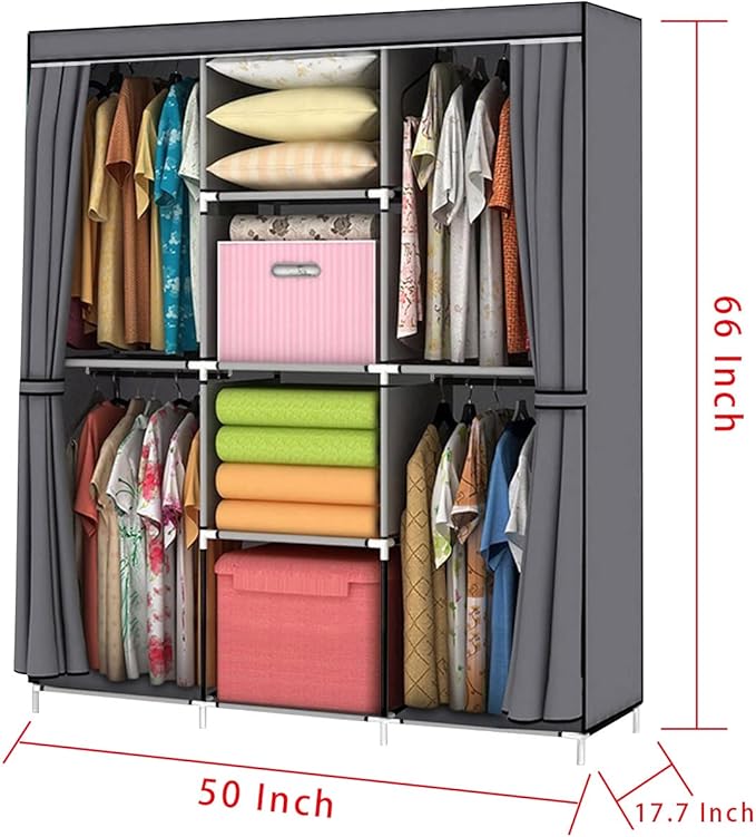 YOUUD Portable Closet 50 Inch Wardrobe for Hanging Clothes with Non-Woven Fabric Cover, 4 Hang Rods and 4 Storage Organizer Shelves, Black, Quick and Easy Assembly