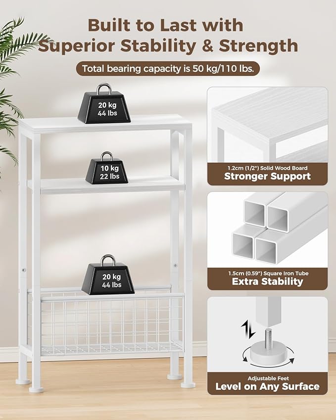 Karii Narrow Side Table, Skinny End Table for Small Spaces with Storage, 3-Tier Slim Wooden Bedside Nightstand Thin Couch Table for Living Room Bedroom Office Dorm Kitchen Bathroom (1, White)