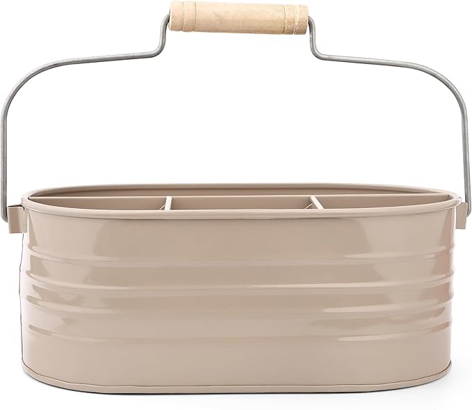 Alpha Living Home Multi-Functional Utensil Silverware Caddy – 4-Compartment Organizer for Kitchen, Party & Office – Durable Beige Powder-Coated Iron Alloy with Wooden Handle