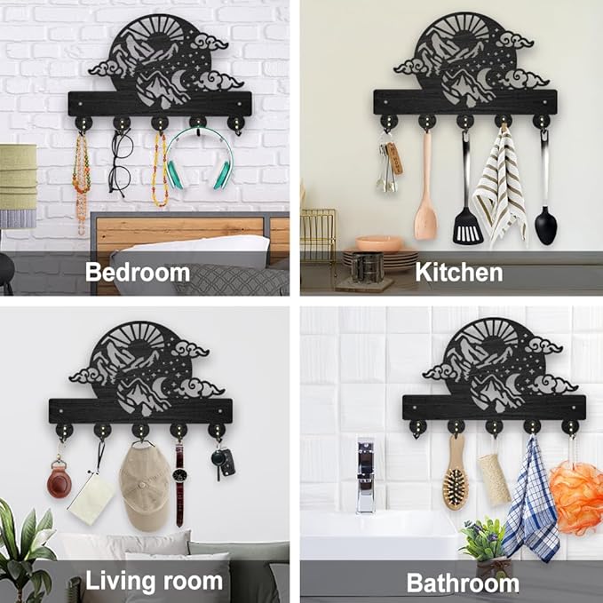 MAYJOYDIY Sun Moon Star Cloud Key Holder for Wall 11.8x7.8inch Nature Scenery Mountain Wood Key Hooks Hat Organizer Rack with 5 Alloy Hooks for Entryway Front Door Office Decor