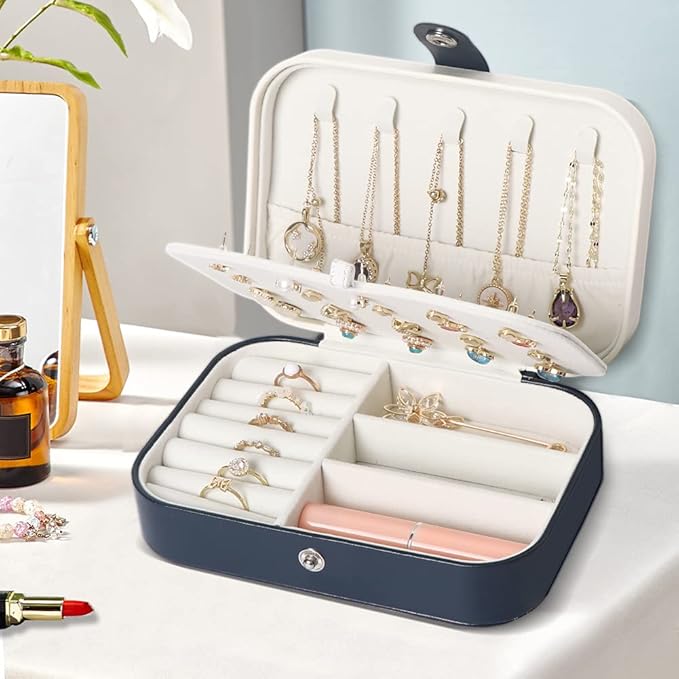 Travel Jewelry Box, Small Jewelry Organizer Boxes for Women Girls, 2 Layer Travel Jewlery Case, PU Leather Mini Portable Jewerly Storage Display Holder for Earrings, Ring, Necklaces, Bracelets - Blue