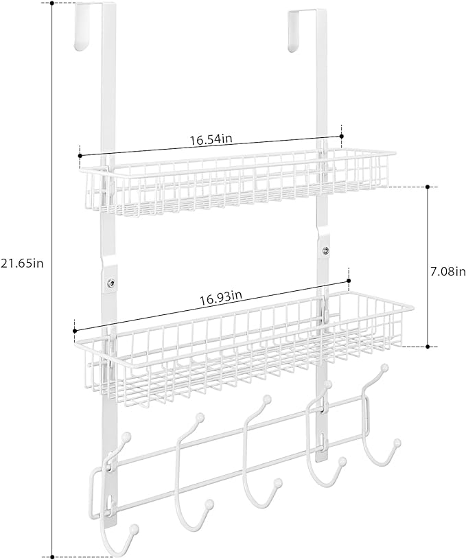 Over The Door Hanger with 2 Mesh Baskets 5 Hooks, Detachable Storage Organizer Rack for Coats, Hats, Handbags,Towels, Easy Install Metal Hanging Hook Rack Shelf, White
