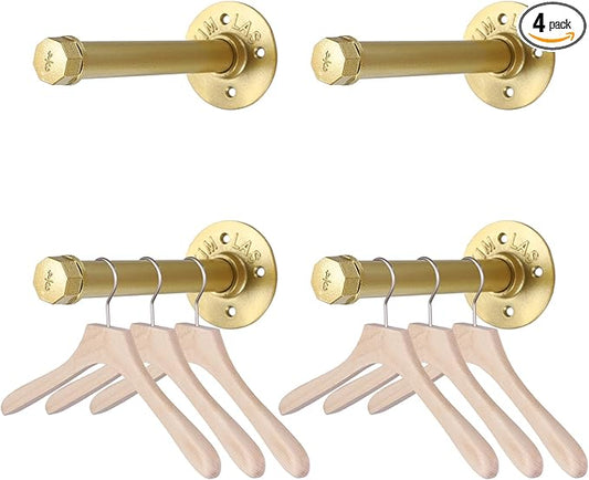 BTSKY 4 Pack Clothes Rack with Screws, 8 Inch Metal Industrial Pipe Clothes Bar for Hanging Clothes, Heavy Duty Wall Mounted Clothing Hanging Rod Shelving Brackets for Laundry Room Retail Store, Gold