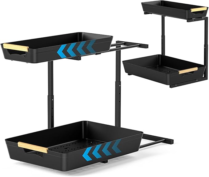 Under Sink Organizers and Storage, 2 Tier Pull Out Bathroom Cabinet Organizer with Sliding Drawer, Height Adjustable Under Sink Storage for Kitchen Bathroom Cabinet Black