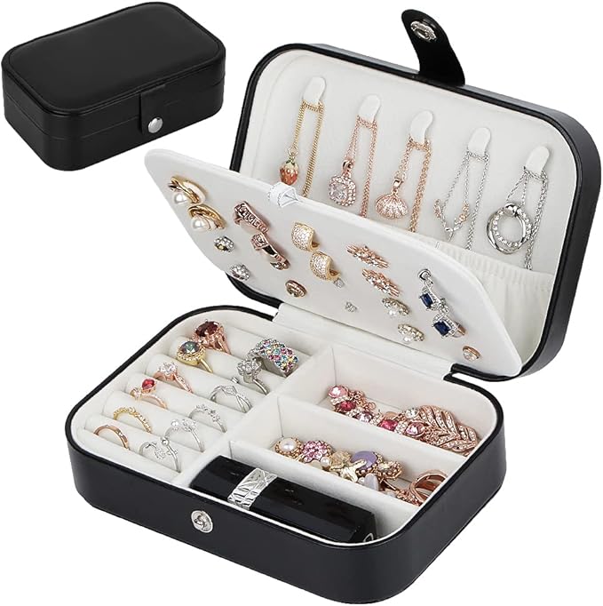 jiemei Jewelry Box, Travel Jewelry Organizer Cases with Doubel Layer for Women’s Necklace Earrings Rings and Travel Accessories (Black02)