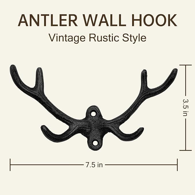 Cast Iron Antler Wall Hook – Black Rustic Deer Antlers Wall Hook, Heavy-Duty Coat & Key Hook for Entryway, Bathroom, or Bedroom, 1 Pack