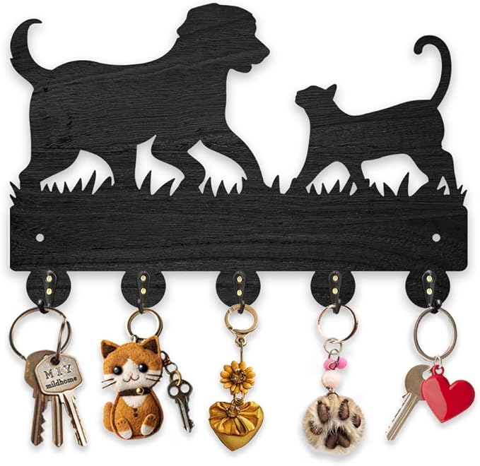 MAYJOYDIY Decorative Wall Mount Key Holder with 5 Hooks, Pet Cat Dog Design, 11.8 x 7.9 inch, Wood for Dog Leash Entryway Kitchen Office Gift