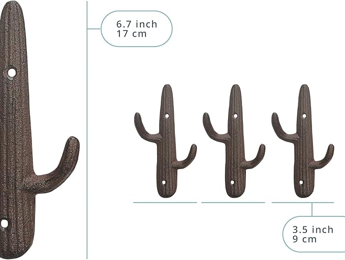 Comfify Set of 3 Hooks Cast Iron Cactus Double Wall Mounted Hooks/Hangers - Decorative Wall Mounted Hooks for Coats, Bags, Towels and More - w/Screws and Anchors Included - Brown