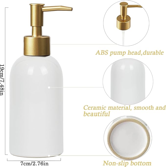 2Pack Ceramic Soap Dispenser White with Gold Pump,Simple Design Cylindrical Lotion Dispenser Bottle,Refillable Liquid Hand Soap Dispenser for Kitchen,Bathroom,Washroom