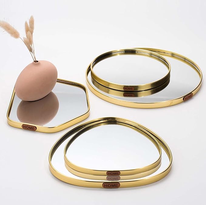 Perfum Trays,Gold Mirror Tray,Vanity Decorative Tray,Non Slip Hexagonal Perfume Organizer for Jewelry,Bathroom,Coffee Table (Round)