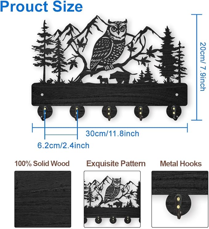 MAYJOYDIY Owl Mountain Forest Coat Rack 11.8×7.9inch Wood Bear Family Key Holder for Wall Autumn Forest Animal Wall Key Hooks Hanger 5 Alloy Hooks Key Rack for Home Art Decor Entryway Gift