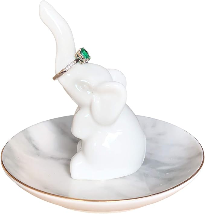 HOME SMILE White Elephant Ring Holder with Marble Pattern Dish,Elephant Gifts for Women Chritsmas