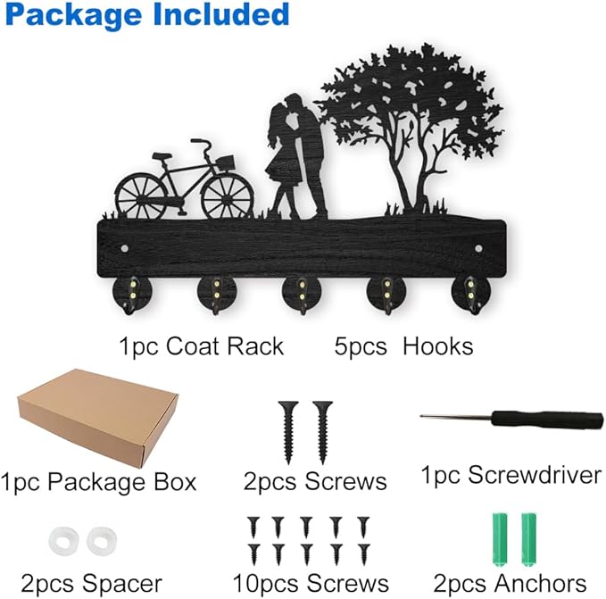 MAYJOYDIY Bicycle Couple Tree Coat Rack Wall Mount 11.8x7.9in Key Holder Decorative Wooden Coat Hanger Key Rack 5 Alloy Hooks for Valentine's Day Gift Wall Art Decor