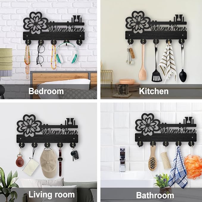 MAYJOYDIY Vintage Flower Key Holder for Wall 11.8×6.7inch Decorative Welcome Home Key Hooks 5 Alloy Hooks Key Hanger for Entryway Hallway Gift