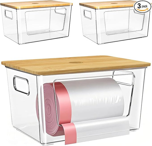 3 Packs Trash Bag Holder,Stackable Trash Bags Dispenser with Bamboo Lid,Extra Large Garbage Bag Holder for Kitchen, Laundry Room,Under Sink Storage Organization