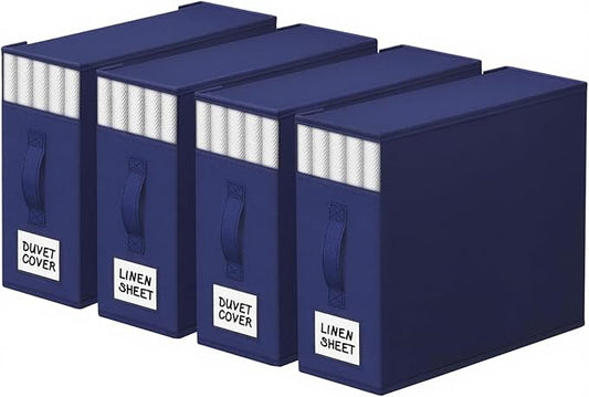 4 Pack Bed Sheet Closet Organizers and Storage,Sturdy Foldable Storage Containers with Window and Label,Storage and Organization for Bedding Sheets,Duvet Covers,Blankets (Blue)