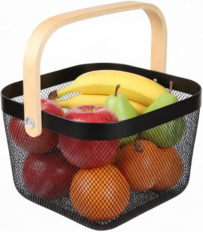 Mesh Steel Storage Organizer Basket Fruit Basket Bin with Wood Handle Ideal for Kitchen Bathroom Picnic Baskets Pantry Cabinets Storage Home Decor (Black)