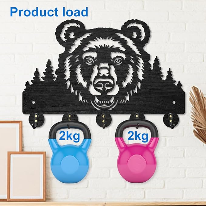 MAYJOYDIY Wooden Bear Forest Coat Hooks Wild Animal Tree Key Holder for Wall 11.8×7.9inch Decorative Bear Head Key Hooks Organizer Rack with 5 Alloy Hooks for Gift Farmhouse Hallway Entryway Decor