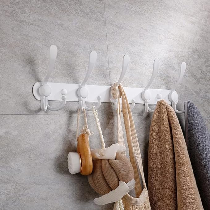 Coat Rack Wall Mounted,5 Tri Stainless Steel Coat Hook for Coat Hat Robes Towel in Mudroom Entryway (White, 2 Pack 5 Hook)