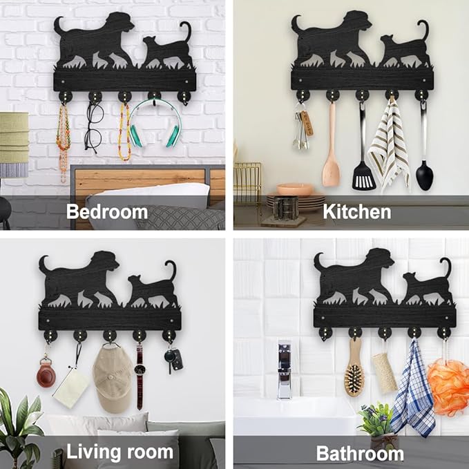 MAYJOYDIY Decorative Wall Mount Key Holder with 5 Hooks, Pet Cat Dog Design, 11.8 x 7.9 inch, Wood for Dog Leash Entryway Kitchen Office Gift