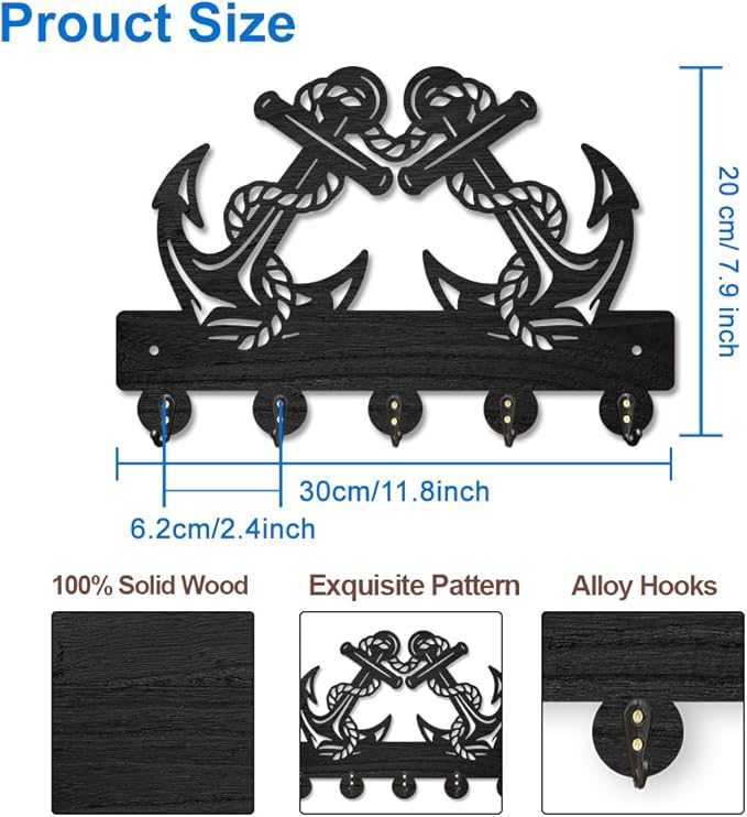 MAYJOYDIY Anchor Helm Wood Key Holder for Wall Nautical Sailor Rope Wall Mounted Key Hooks 11.8×7.9inch Coat Hanger Rack with 5 Alloy Hooks for Entryway Front Door Kitchen Office Decoration
