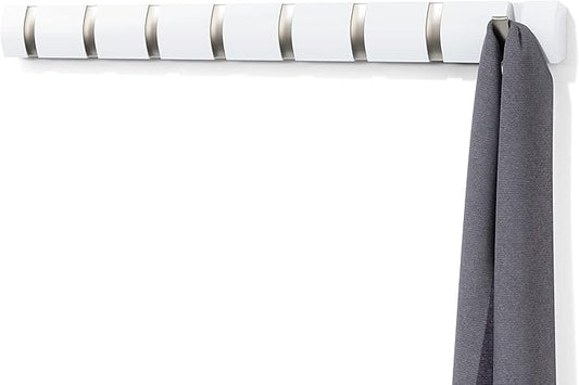 Umbra Flip Wall-Mounted Coat Rack with 8 Hooks – Modern, Space-Saving Storage for Hats, Jackets, Bags, Entryway, Mudroom, Closet, Bathroom, Bedroom – White/Nickel